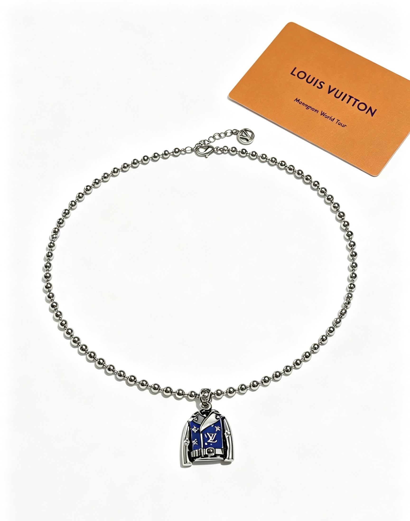 Louis Vuitton Silver Beaded Necklace with Blue Enamel Charm